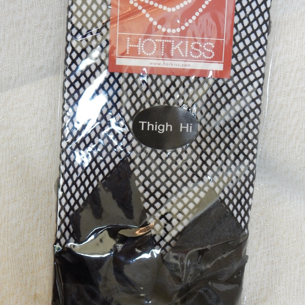 Black Fish Net Thigh Hi New In Bag Black Satin Bow